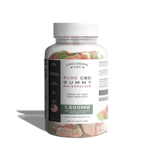 Cannabidiol life CBD watermelon gummies 60-count with a total of 1,500mg per bottle.
