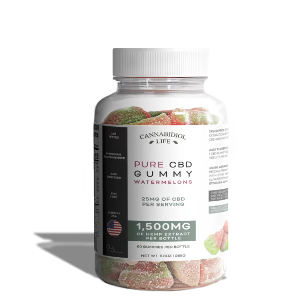 Cannabidiol life cbd watermelon gummies 60-count with a total of 1,500mg per bottle.
