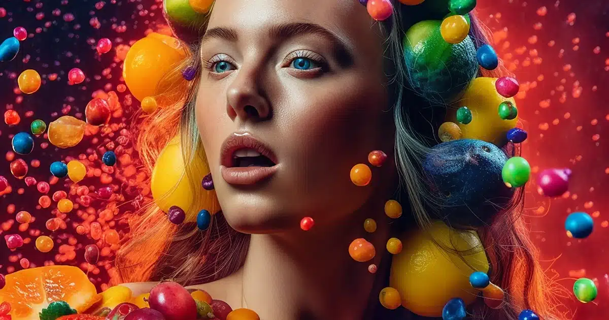 A super colorful blonde woman appearing to be in a euphoric state of mind as she is surrounded by colorful fruits and bursting THC gummies.