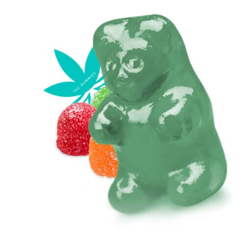Green thc gummy bear with thc gummies logo and thc gum drops on white background.
