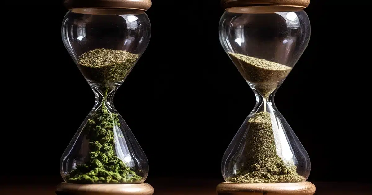 Two distinctive hourglasses filled with finely ground cannabis leaves, metaphorically depicts the factors that can either lengthen or shorten the duration of edible cannabis high effects.