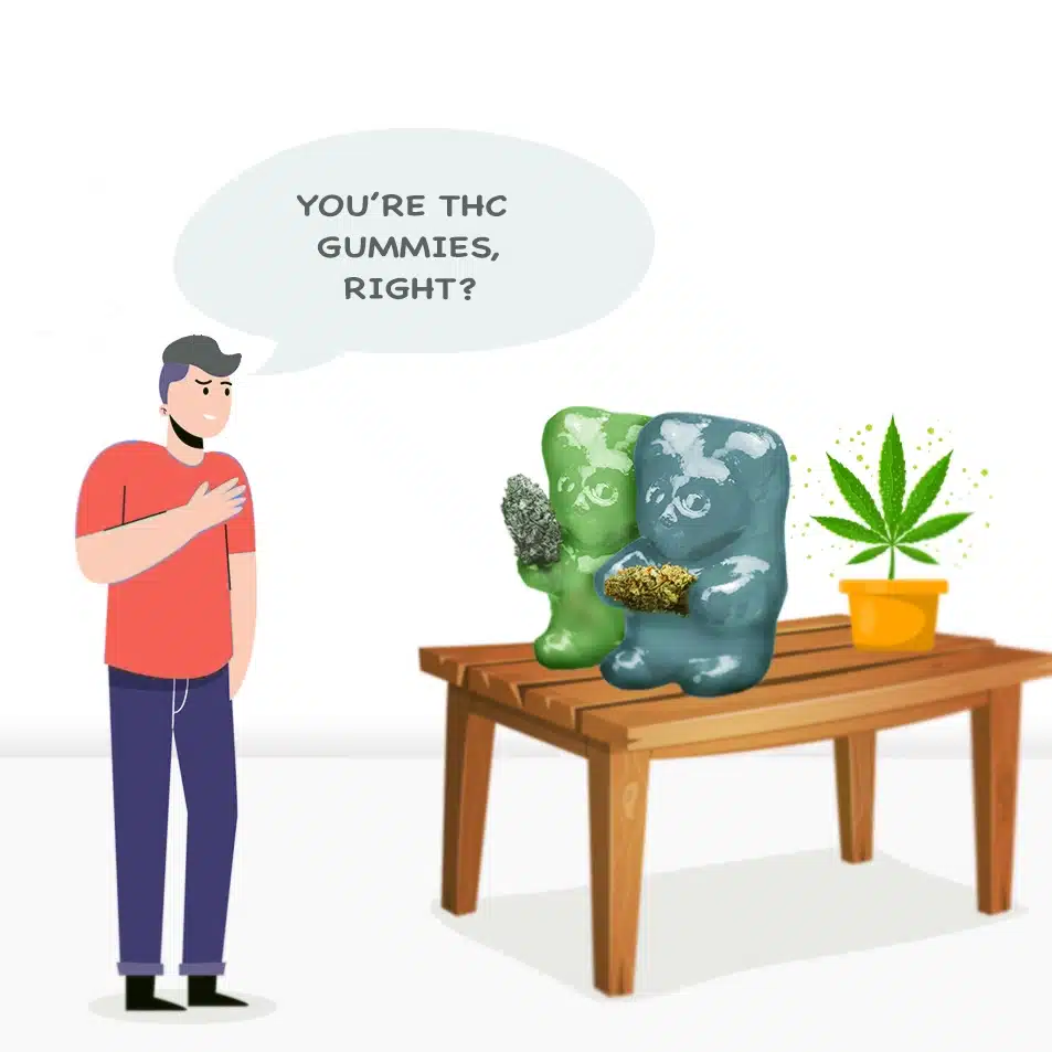 a cartoon man is asking two life-like THC gummy bears what they are.