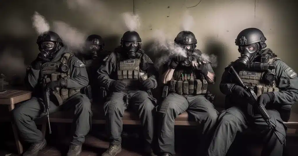Swat team smoking cannabis with gas mask