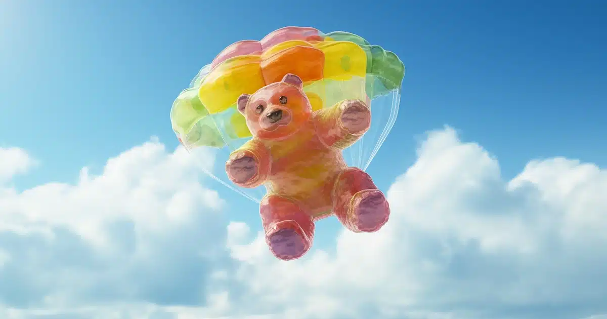 A colorful cannabis edible is outfitted with a parachute, soaring through a serene sky satirically symbolizing the various strategies employed to mitigate any uncomfortable side effects that might occur from over consuming edibles. The edible, caught mid-flight, and the deploying parachute serve as metaphors for the safety measures one can implement when navigating the effects of cannabis