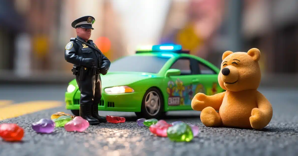 Toy policeman green cop car incarcarates cannabis gummy bear
