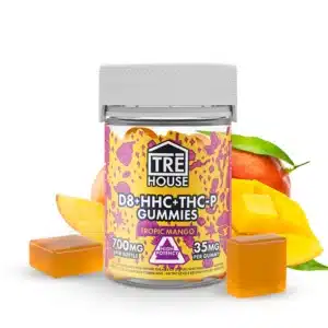 One bottle of TRĒHouse Tropic Mango Gummies on a white background, photo contains two gummies in front of the bottle with a slice of mango behind them.