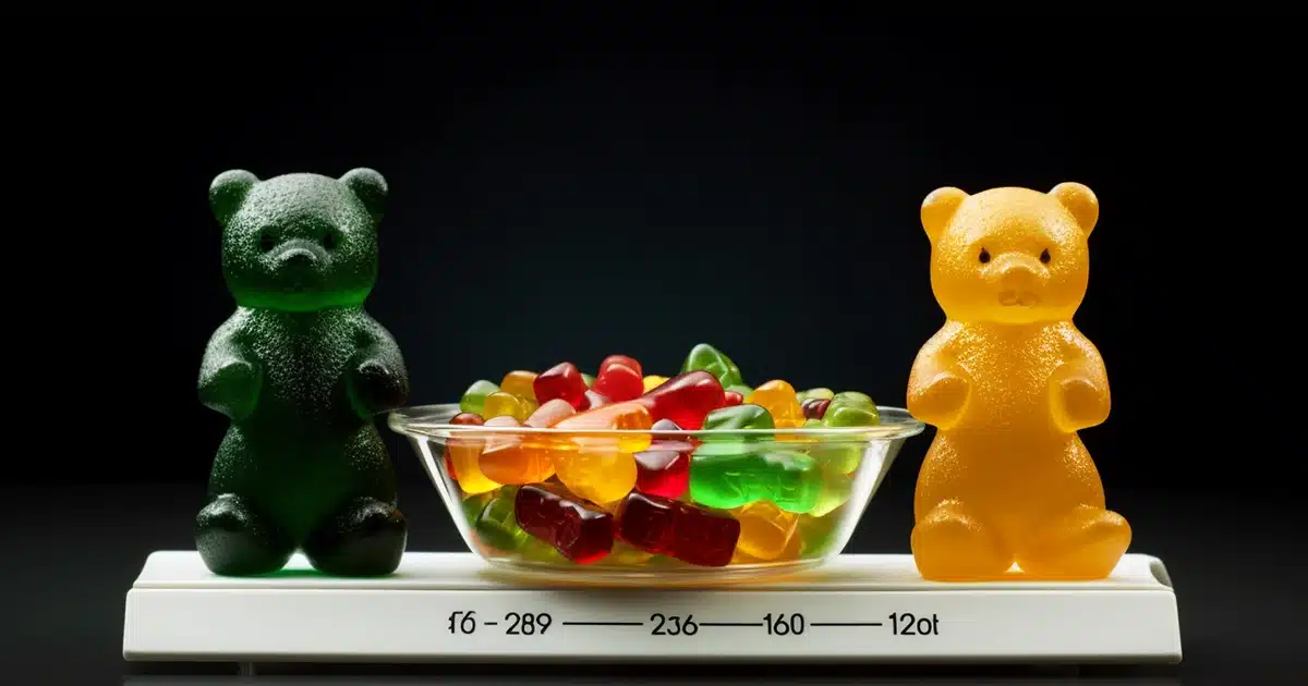 A realistic photograph depicting an intriguing scenario with two thc gummy bears placed on either end of a traditional weighted scale symbolizing the "weighted factors" that can affect the duration of an edible high.