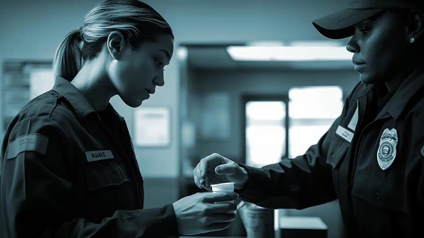 A pivotal moment captured as a woman probation officer hands her female probationer a urine cup to take a thc drug test.