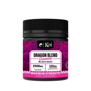 One black bottle of Koi Dragon Blend Gummies, black razz flavor, on a transparent background. This jar has a dark purple and pink product label with light letters that really pop off the label.