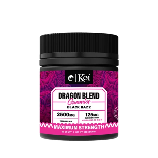 One black bottle of koi dragon blend gummies, black razz flavor, on a transparent background. This jar has a dark purple and pink product label with light letters that really pop off the label.