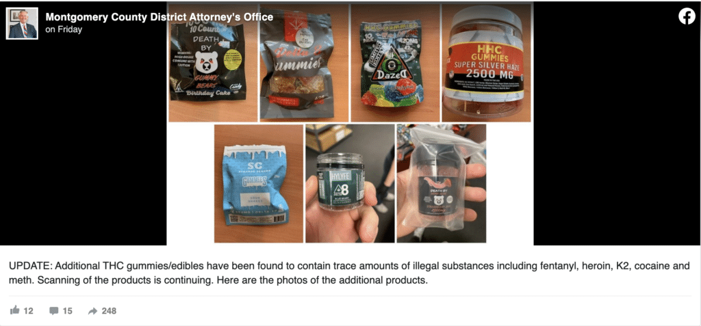 Montgomery county district attorney’s office facebook post says after more testing, seven more brands were caught with illegal substances such as fentanyl, heroin, k2, cocaine, and meth.