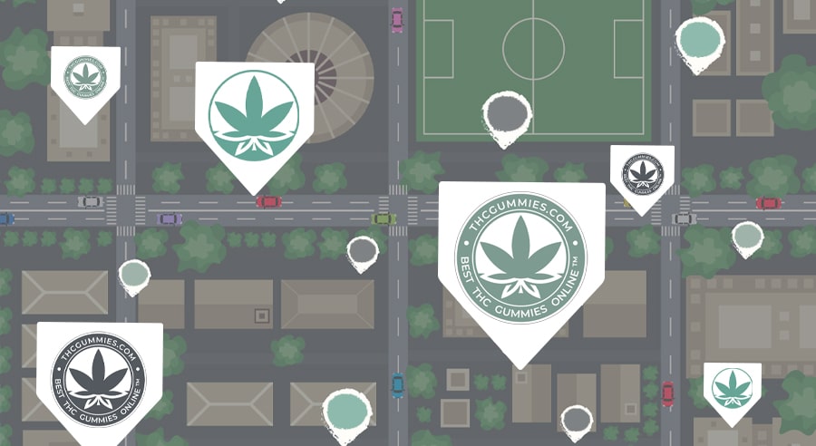 Thcgummies. Com logos on local hometown maps showing thc gummy deliveries in progress.