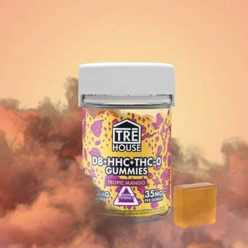 TREHouse Tropical Mango THC Blend Gummies on orange fiery background with orange and red smoke all around it.