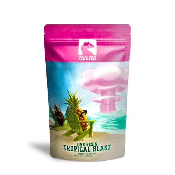 One 10-pack of trojan horse cannabis live resin tropical blast delta 9 gummies on a white background.