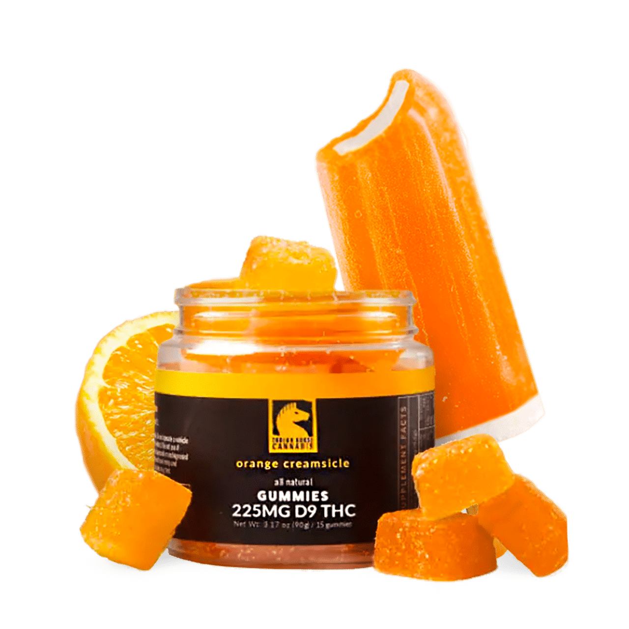 A open jar of trojan horse delta 9 thc gummies with an orange creamsicle popsicle and a orange slice in background.