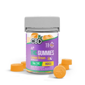 One jar of CBDFX Lemon Dream Delta 9 Indica THC Gummies with five gummies outside the jar on a white background.