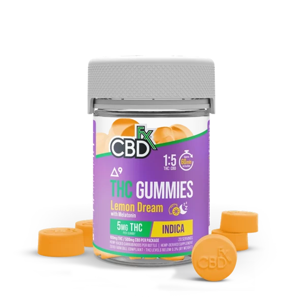 One jar of cbdfx lemon dream delta 9 indica thc gummies with five gummies outside the jar on a white background.