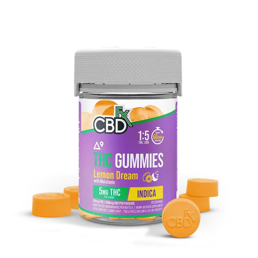 One jar of cbdfx lemon dream delta 9 indica thc gummies with five gummies outside the jar on a white background.