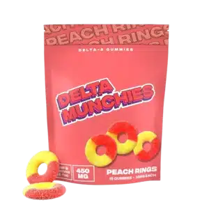 THC Peach Ring Gummies infused with Delta-8 THC in bright pink packaging and made by Delta Munchies.