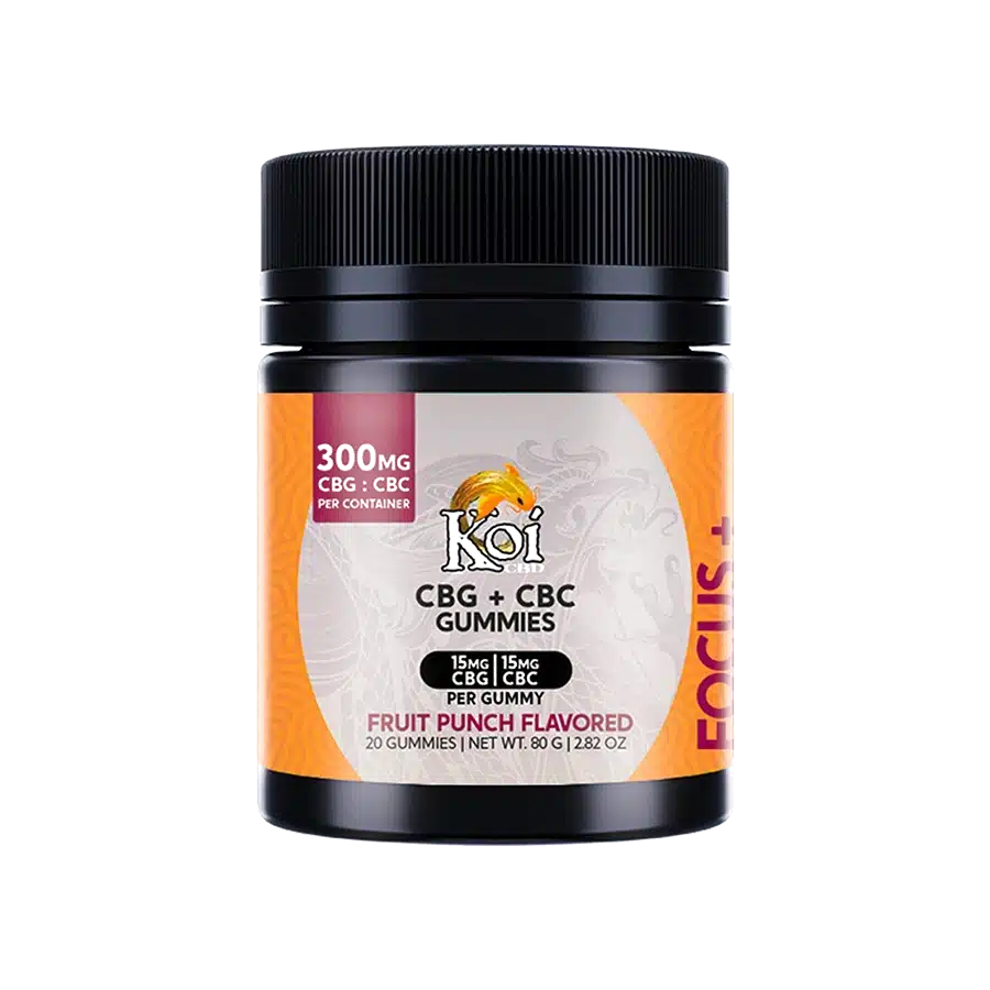 One black bottle of Koi CBG Gummies with an orange colored label.
