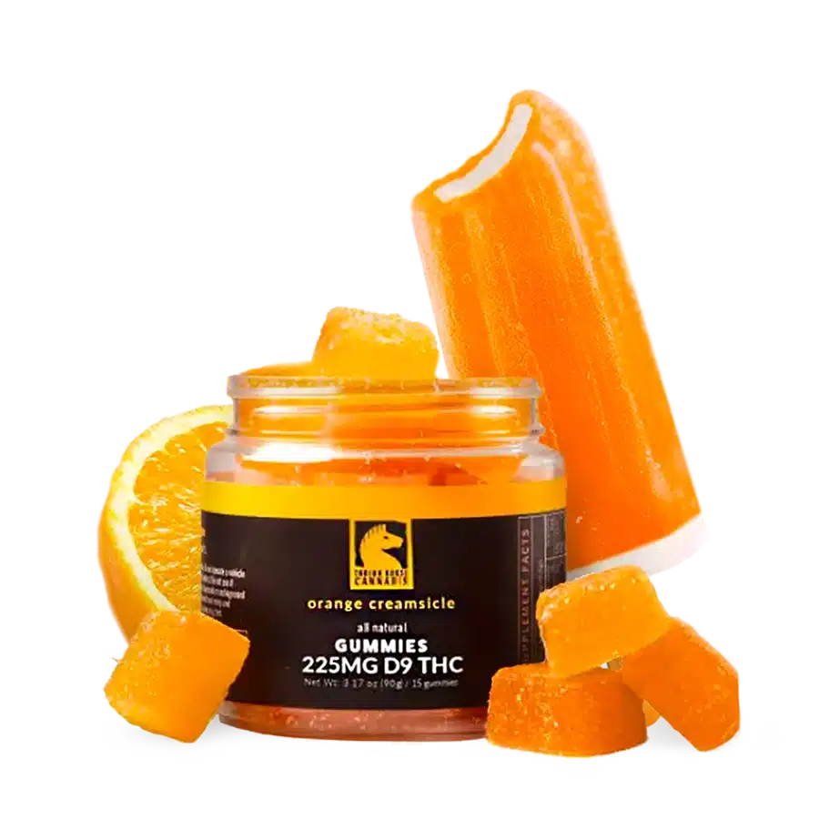 A open jar of trojan horse delta 9 THC gummies with an orange creamsicle popsicle and a orange slice in background.