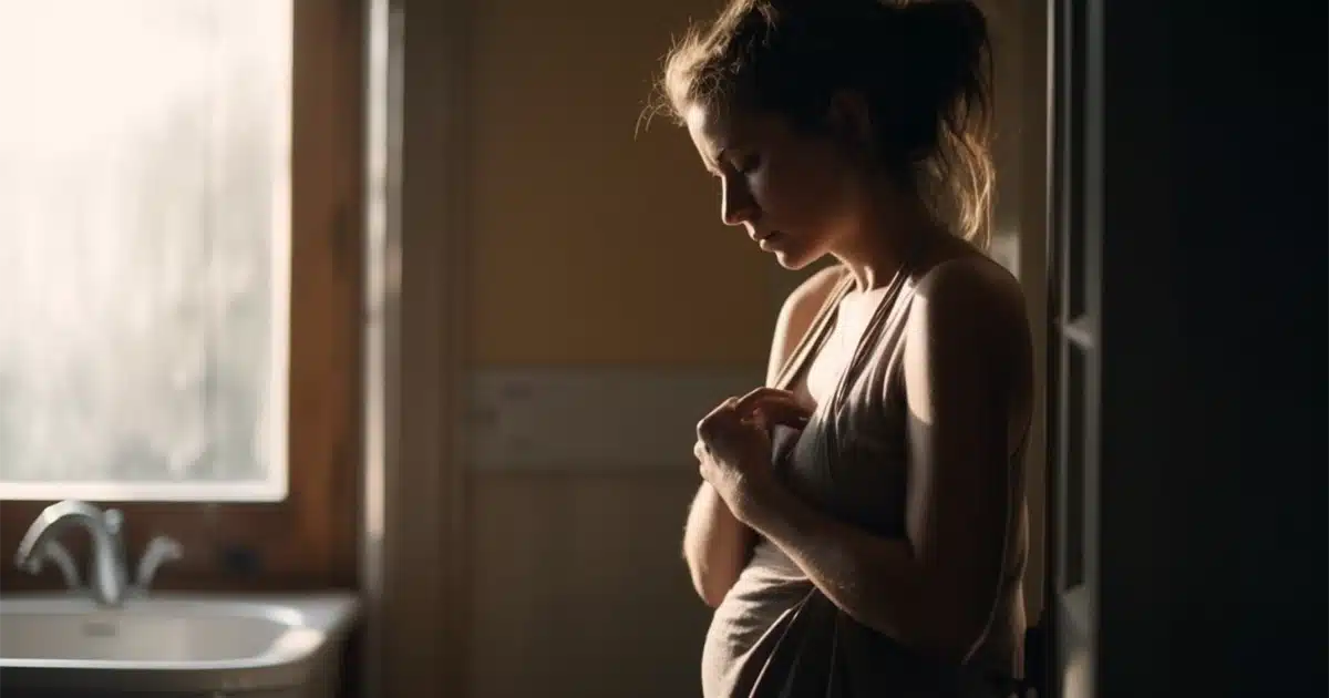 Full body pregnant woman with morning sickness natural lighting