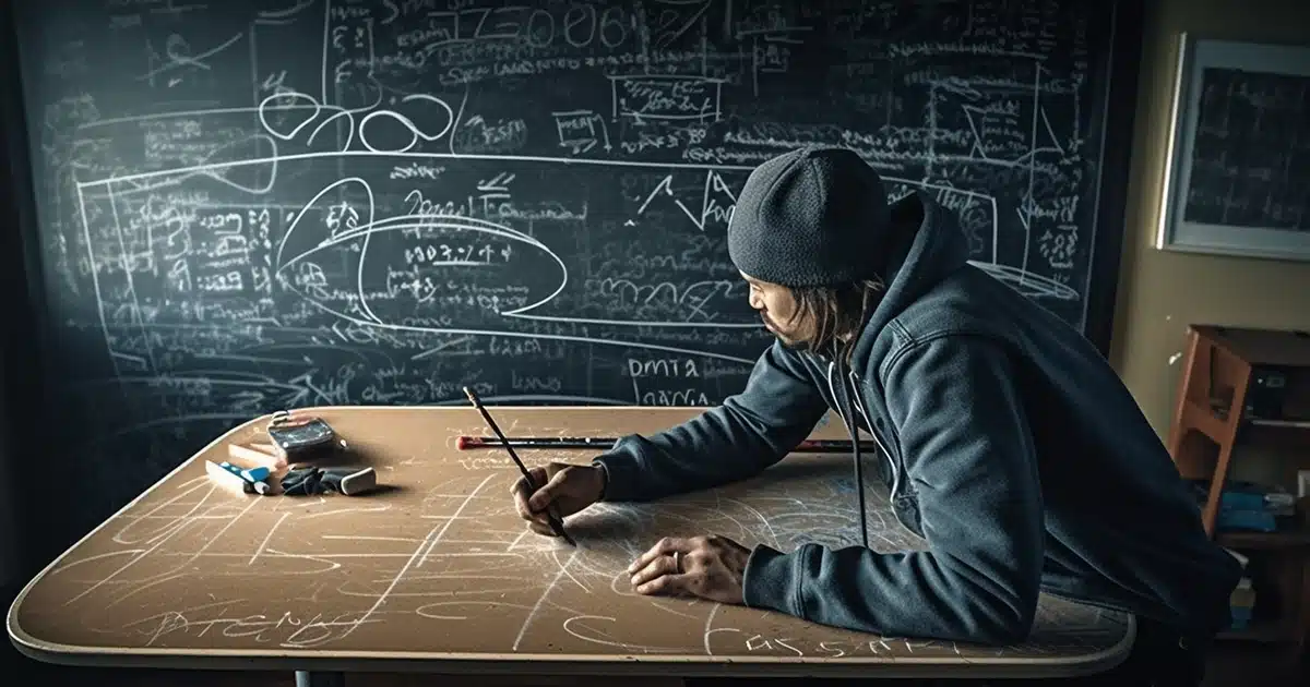 A man with dreadlocks and a beanie sits in a classroom and uses a piece of chalk to write out a lot of complex math equations in order to find his edible dosage.