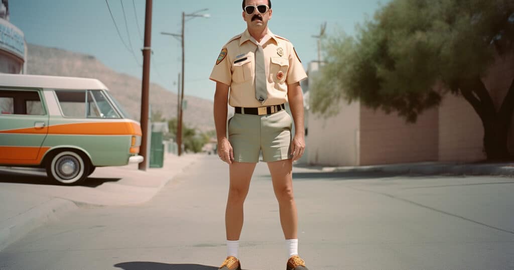 Mustache reno 911 cop tan uniform short shorts 1