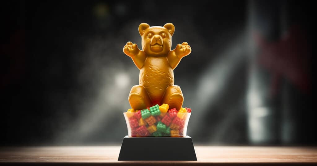 Thc gummy bear standing standing on winners podium best thc gummy brands