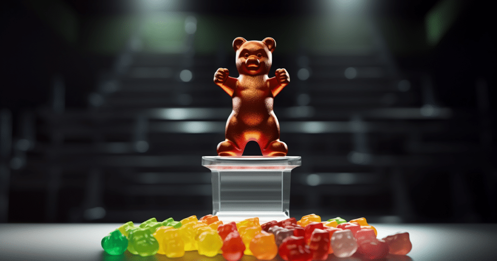 Thcgummies. Com awards for the best thc gummy brands of 2023, a big gummy bear smites the competition standing over them in first place on a winners podium.