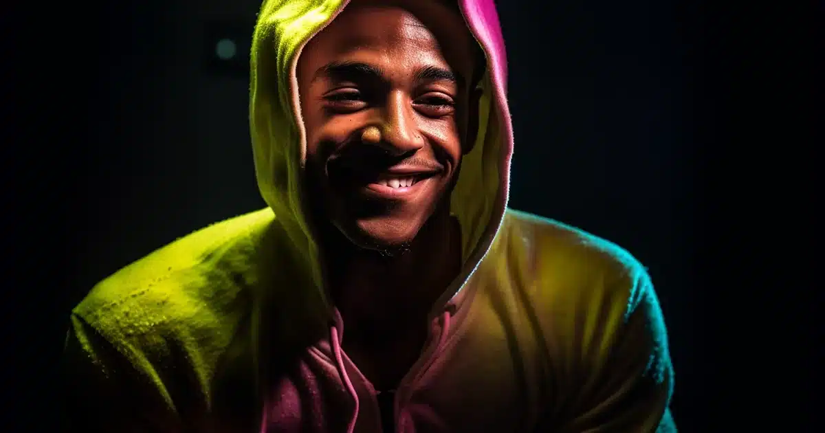 Colorful light lights up a young man in a hoodie who has noticeably chinky eyes and a big smile, insinuating he is feeling good from the effects of Delta 9 Gummies.