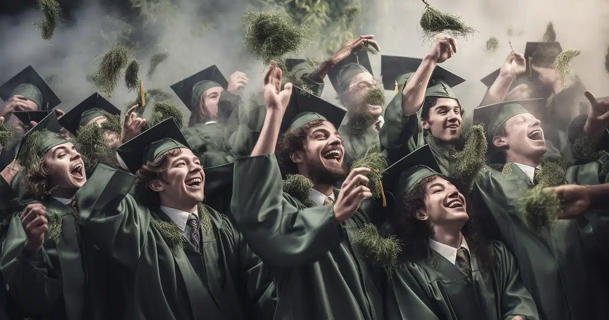 A group of happy cannabis leaves graduating from 'cannabis edibles university,' tossing their caps into the air, diplomas in hand.