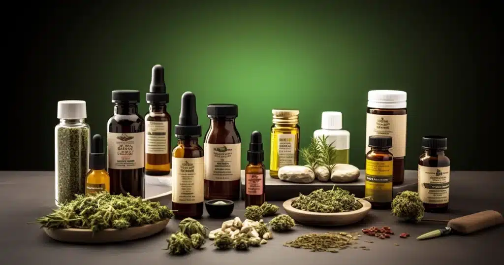 A variety of cannabis products and pharmaceutical bottles arranged on a table.