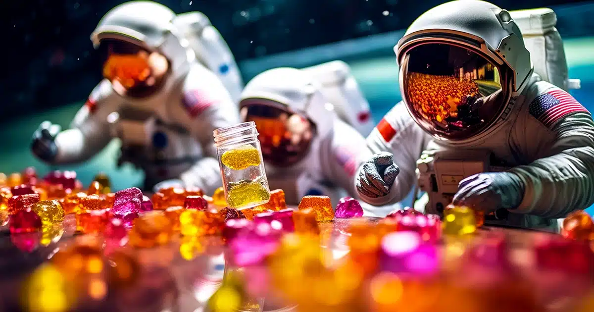 An awe-inspiring scene of astronauts in the zero-gravity environment of space, thoughtfully comparing a set of star-shaped, live rosin-infused thc gummies. Floating amidst the backdrop of a galaxy far from earth, the astronauts hold the gummies up for examination with their colors reflecting off the surface of their helmets.