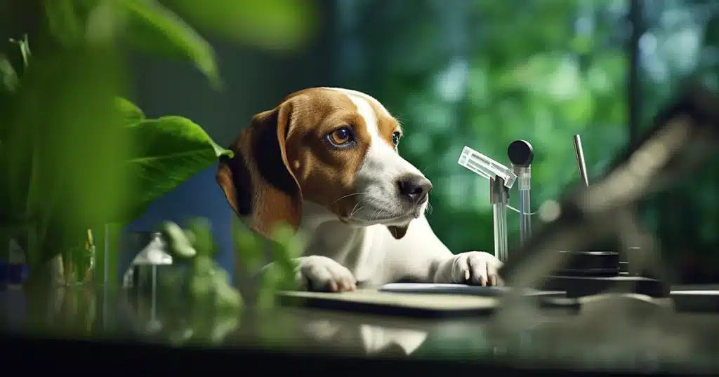 An engaged beagle donned in a white lab coat, meticulously analyzing cannabis terpenes under a microscope. The beagle's keen gaze and focused demeanor lend a humorous yet intriguing aspect to this unusual scientific endeavor. The setting is a well - lit laboratory, complete with research equipment and glassware, adding credibility to the narrative.