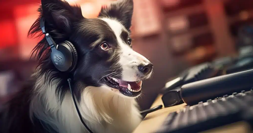 A diligent border collie, wearing a headset, ready to answer calls at a 'canine edible detection' helpdesk. The dog's alert gaze is fixed on a computer screen, radiating a sense of responsibility and professionalism. The desk is equipped with typical office items - a keyboard, mouse, notepad, and a mug labeled 'best detector, ' contributing to the realism and humor of the scene.