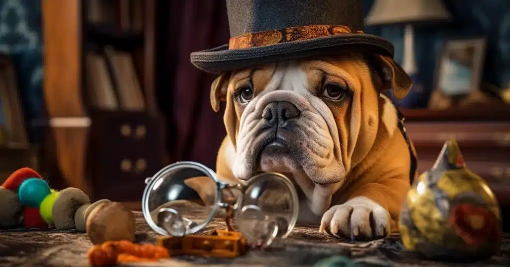 A droopy-eyed bulldog, clad in a detective hat, equipped with super thick bifocals, is ready for border patrol duty. The bulldog, with its wrinkled face and expressive eyes, exudes an air of curiosity and determination. The scene is meticulously set in a cozy living room, sends thc gummy bears scared for their lives as their under the scrutiny of the canine detective.