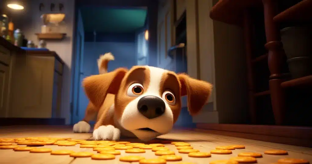 A digital cartoon render of a dog with an amusingly oversized nose, on a mission to sniff out a hidden stash of thc cookies. The dog, with its exaggerated snout leading the way, is captured in a moment of keen concentration, its tail wagging in anticipation of the sweet reward. The setting is a warmly lit kitchen, with the cookie jar cleverly hidden behind a row of cookbooks on a high shelf.