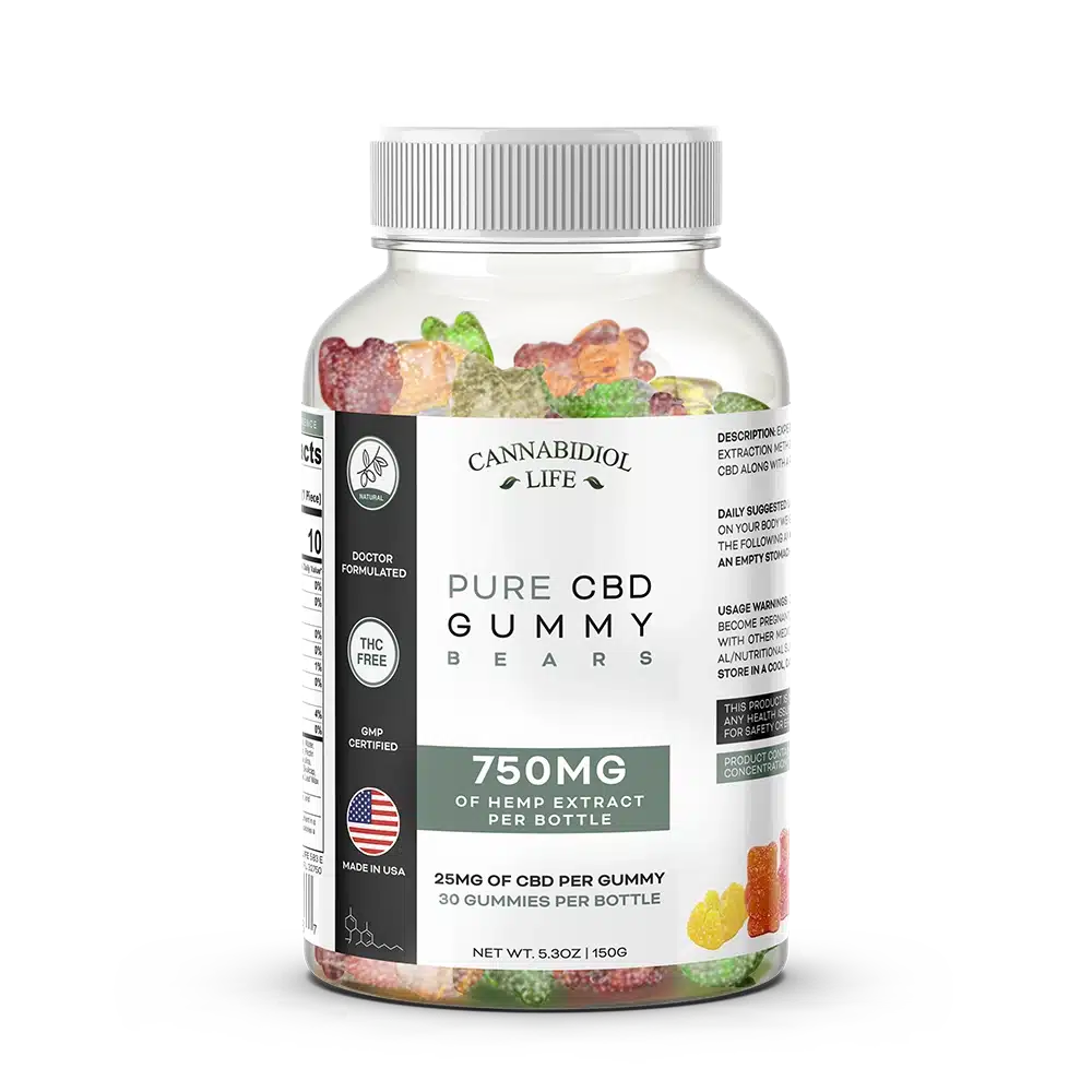 One 30-count bottle of all-natural and real fruit-flavored cbd gummy bears by cannabidiol life.