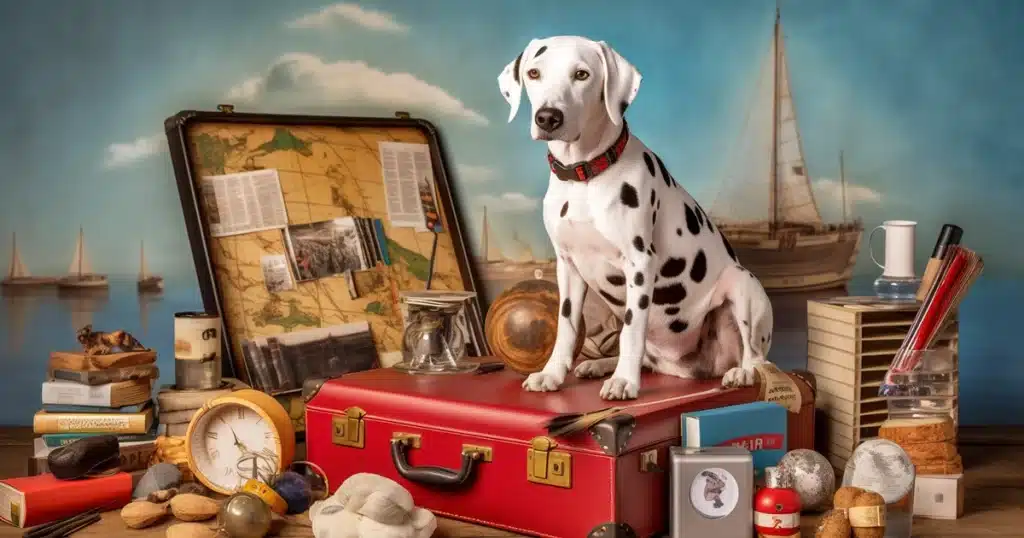 An amusing scenario of a curious dalmatian, equipped with a red suitcase and a travel guide titled 'sniffing out edibles abroad. ' the dog appears ready for an adventure, eyes full of excitement, as it holds the guidebook in its mouth, the suitcase by its side filled with various canine necessities. The scene is set against a backdrop of a world map, hinting at the globetrotting journey the dog is about to embark upon.
