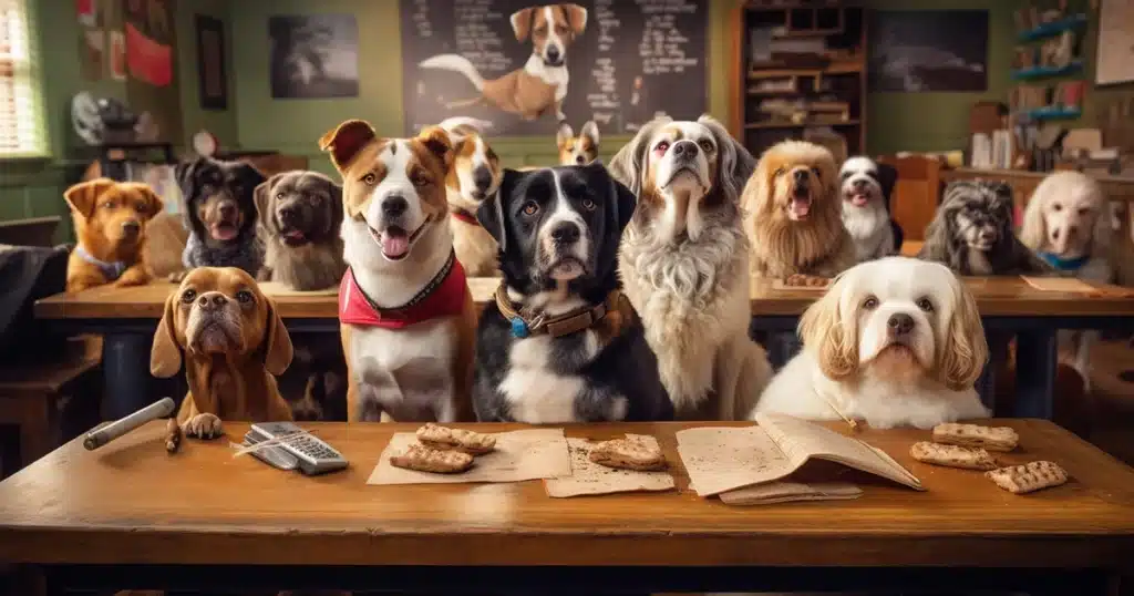 A humorous scene of a group of diverse dogs assembled in a classroom, their eyes attentively focused on a chalkboard lesson titled 'sniffing weed 101'. Each dog, from a big, fluffy st. Bernard to a tiny, eager chihuahua, offers a range of expressions that demonstrate curiosity, concentration, and perhaps a touch of confusion. The classroom setting is filled with traditional elements, including wooden desks, educational posters, and the centerpiece - a large chalkboard with a detailed diagram of a dog's nose.