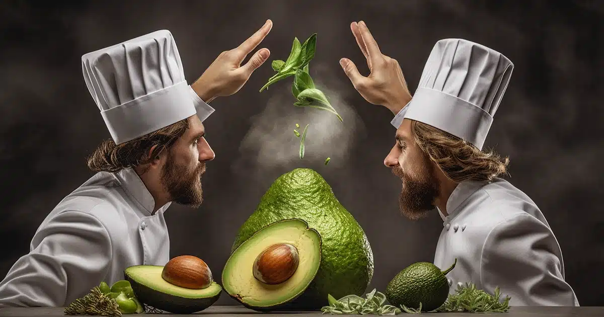 A cannabis-infused avocado and a marijuana leaf high-fiving each other, both wearing chef's hats.