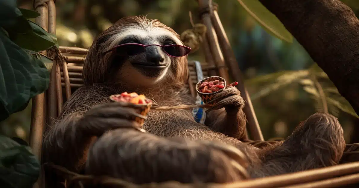 A sloth wearing sunglasses, lounging in a hammock, surrounded by various edibles, with a cheeky grin on its face.