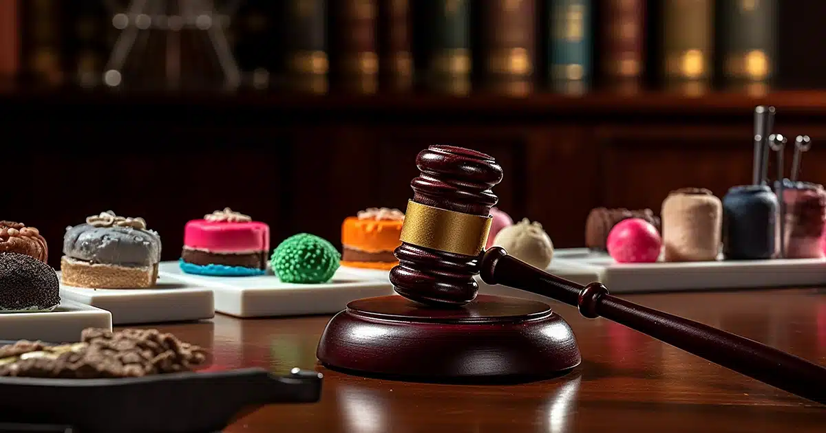A tense scene of a judge's gavel about to decide the fate of a line-up of edibles.