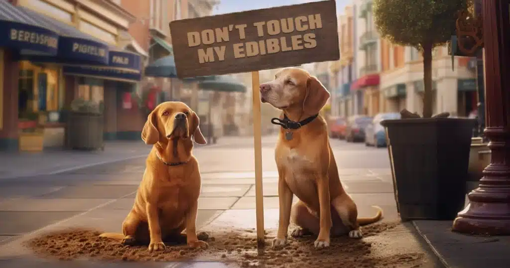 Two dogs in a marketplace holding up a sign that defiantly hoists 'don't touch my edibles. ' their animated expressions and body language adds humor and character to the image.