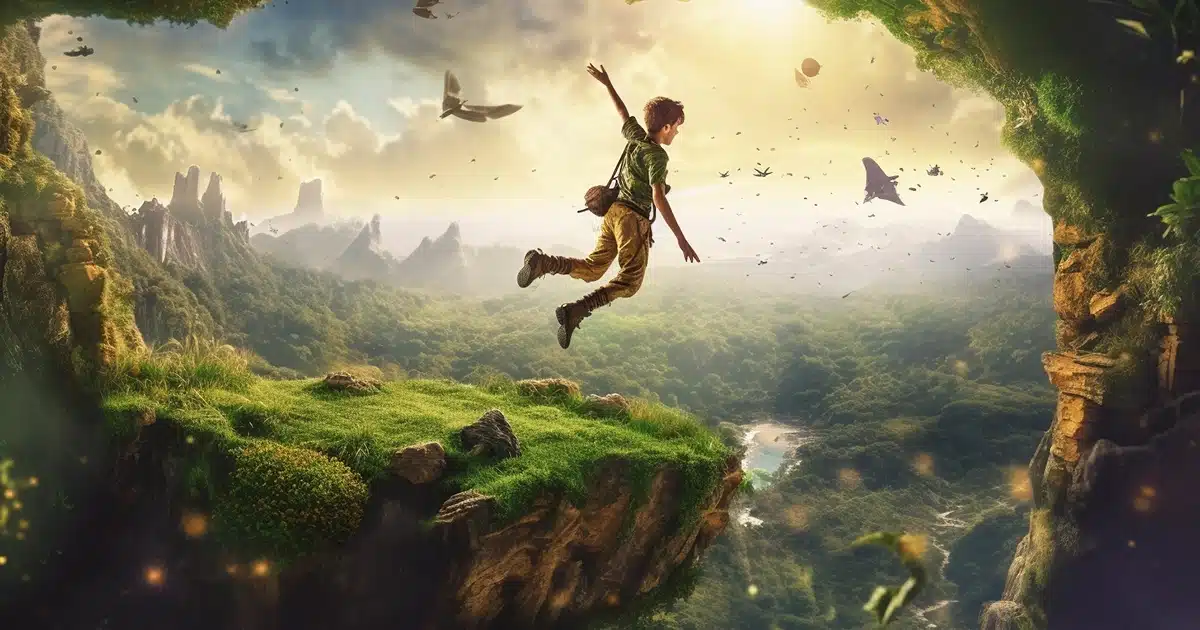 A fantastical depiction of an adult-appearing Peter Pan, slightly euphoric from consuming edibles, blissfully flying next to an airplane through the enchanted realm of Never, Neverland. The character of Peter Pan is captured mid - flight, his eyes displaying a hint of merriment, contrasting with the vibrant, surreal landscape below.