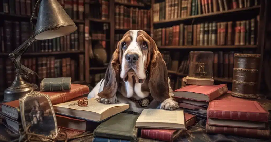 A wise old basset hound is seated in a library surrounded by shelves full of 'canine drug detection' books as it aims to understand the history of using canine's for marijuana detection. The dog appears deep in thought, humorly suggesting a contemplative moment amidst a study session.