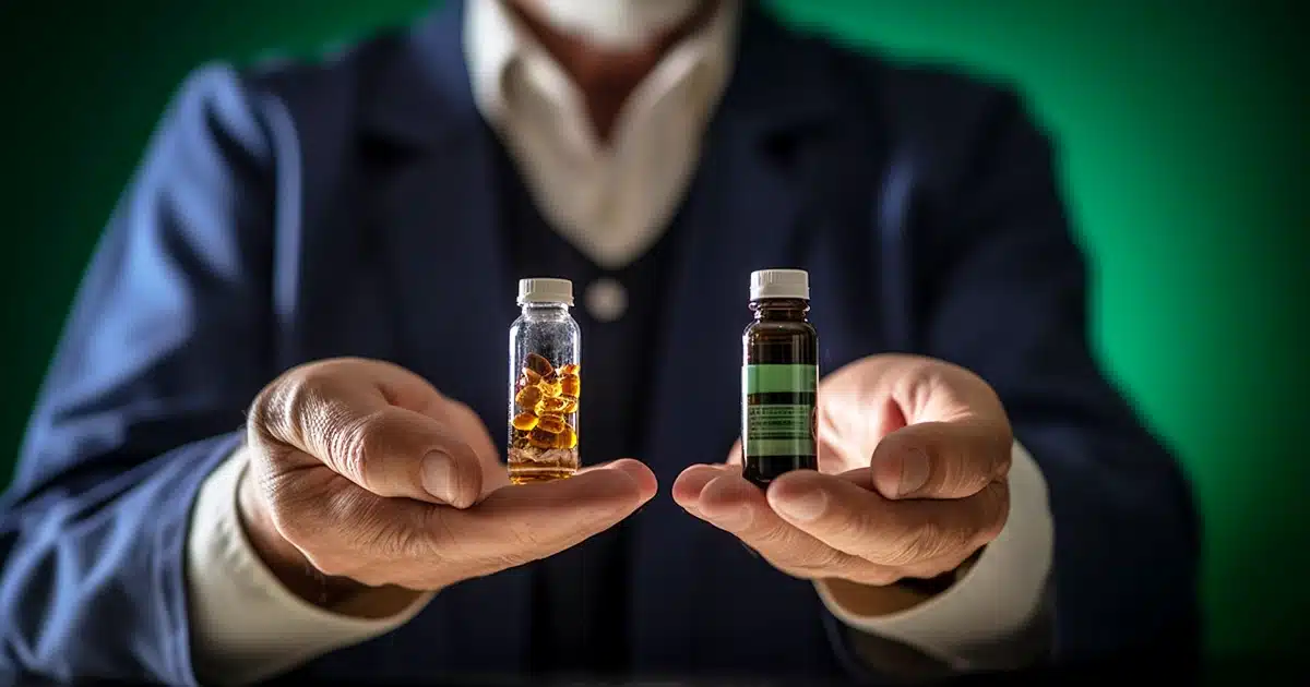 A doctor holding a CBD oil filled liquid capsule bottle in one hand and a antidepressant bottle in the other hand, comparing each to their psychoactive and psychotropic effects, respectively.