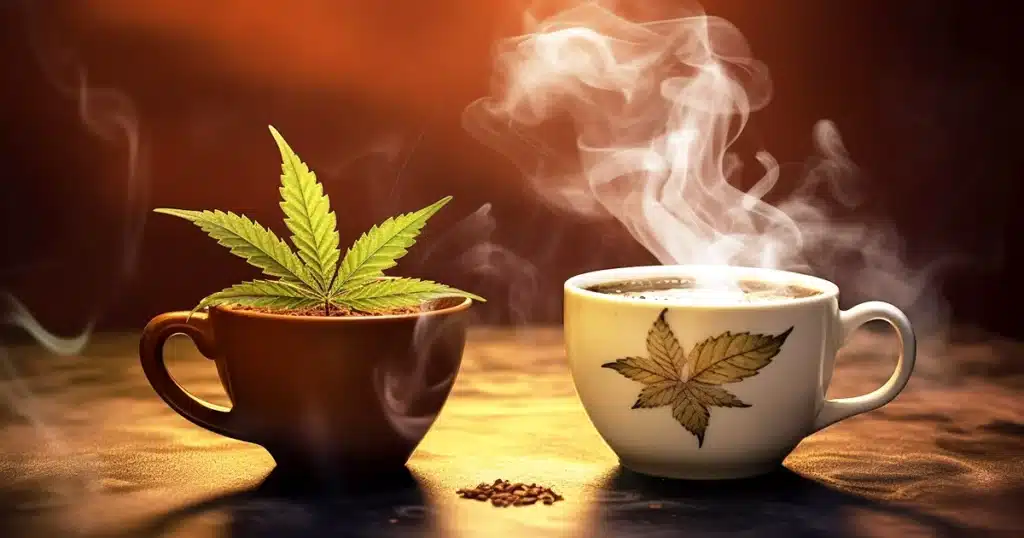 A close-up of a steaming coffee cup and a cannabis leaf growing inside a coffee mug positioned side by side.