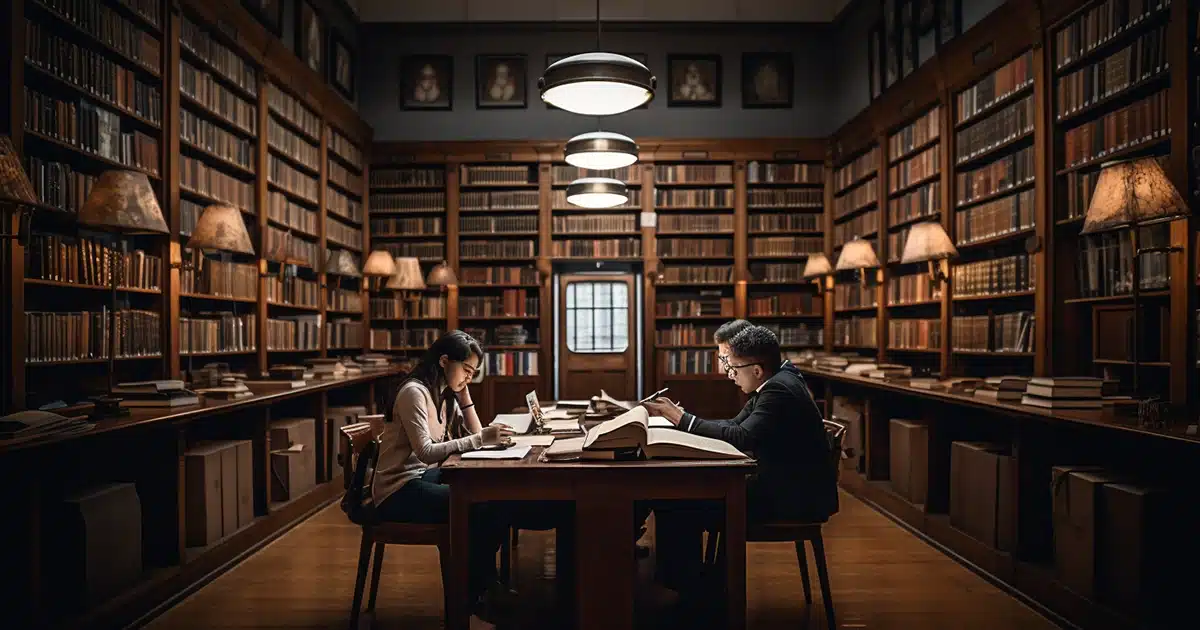 A group of three researchers are studying at a wooden desk surrounded by books in a library.